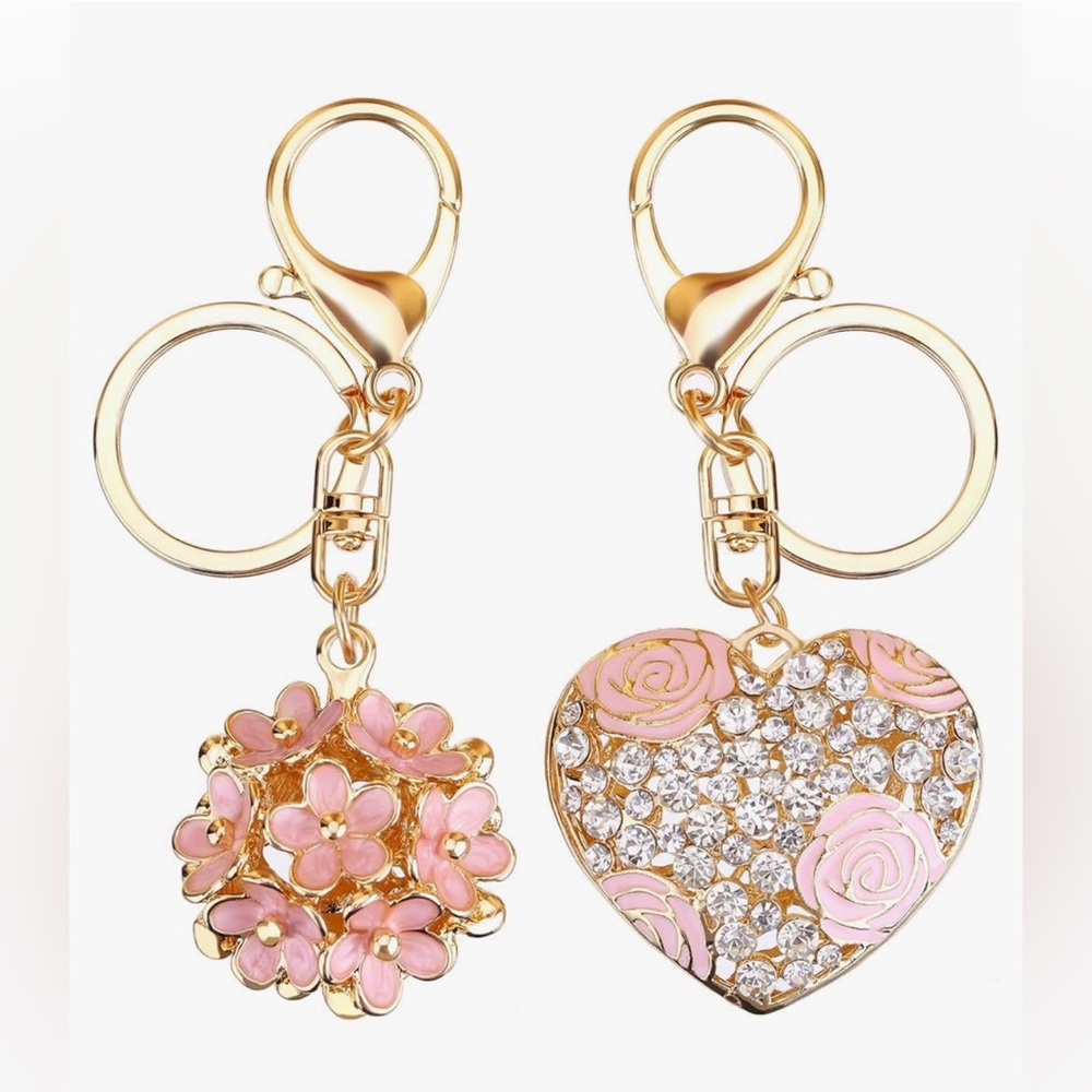 ❌SALE❌NIP LARGE Flower Ball Pink Keychain and Sweet Love Heart Rose Crystal, 2